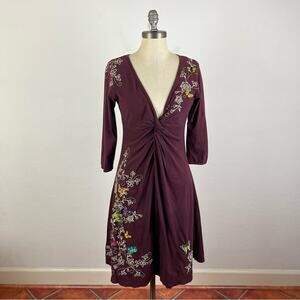 JW Johnny Was Maroon Embroidered V Neck Dress